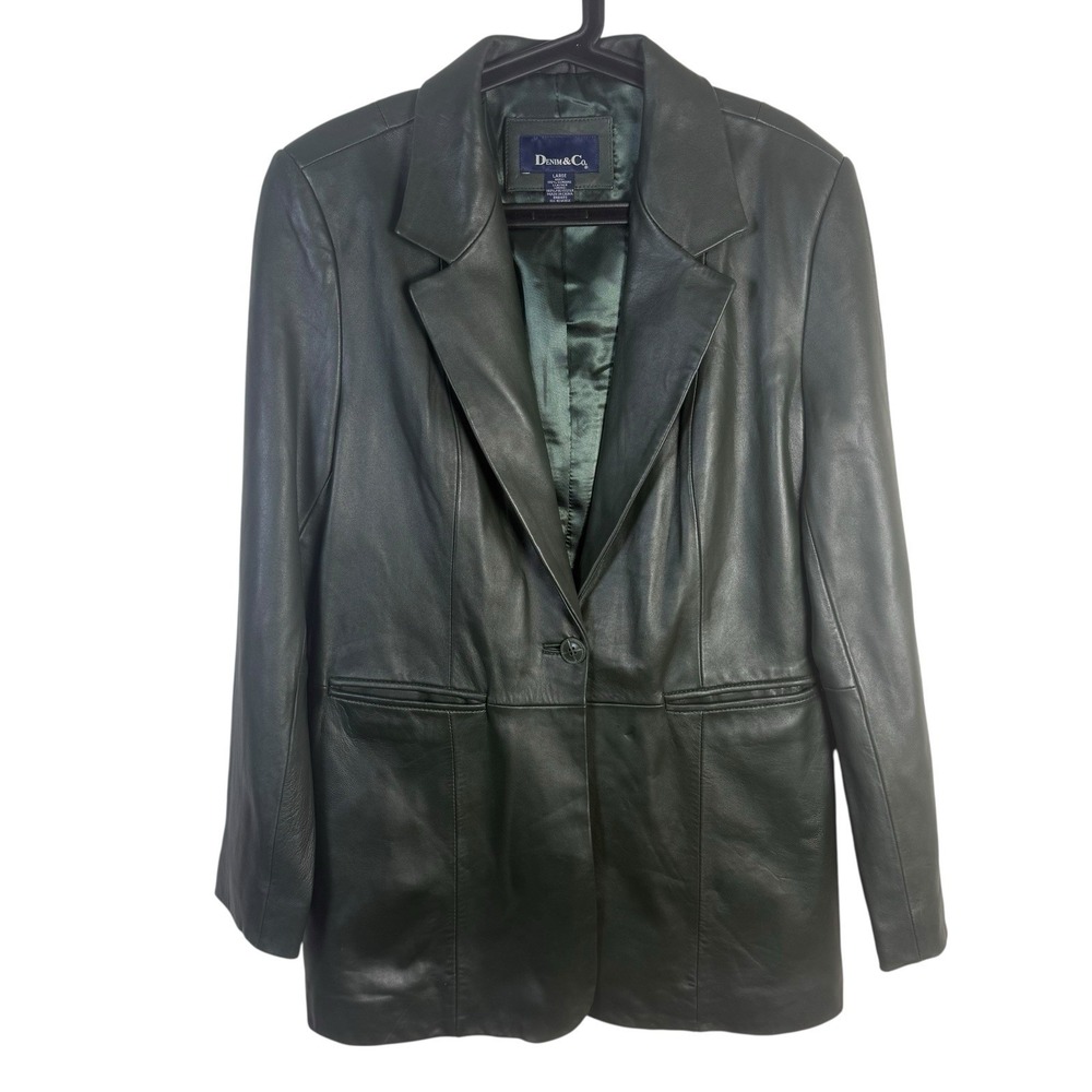 Vintage Denim & Co Women's Green Leather Blazer Jacket Size Large Y2K
